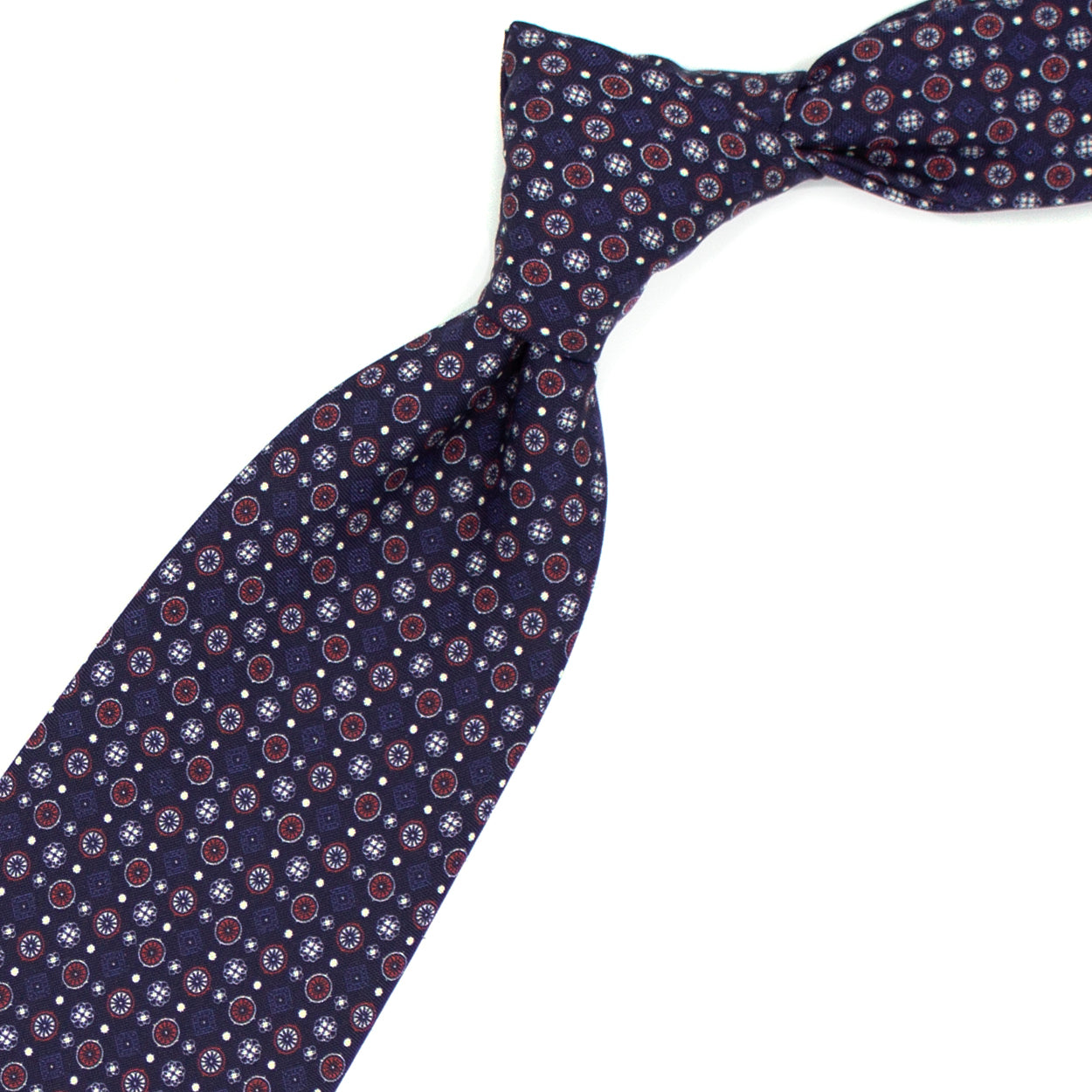 Blue tie with red, white and blue pattern