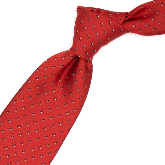 Red tie with small blue and grey geometries