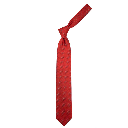 Red tie with small blue and grey geometries