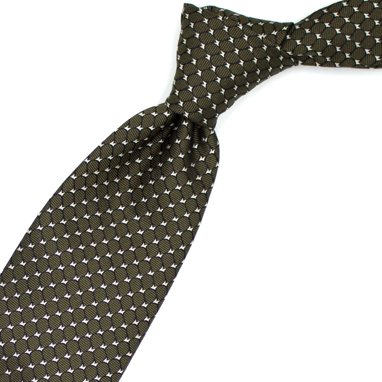 Green tie with blue and white geometric pattern