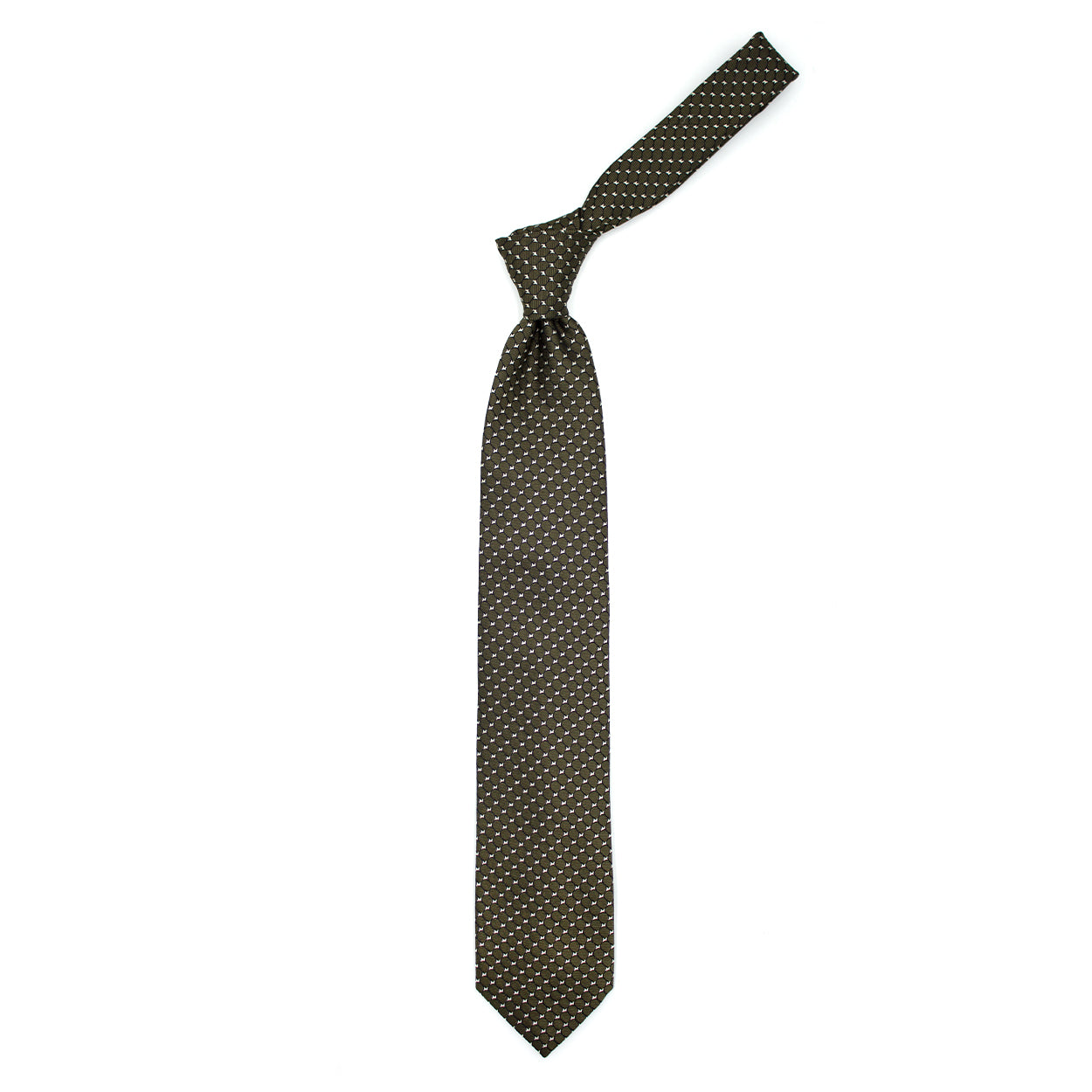 Green tie with blue and white geometric pattern