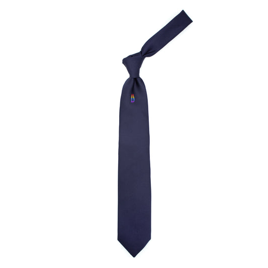 Blue tie with rainbow Ulturale monogram on the sub-knot