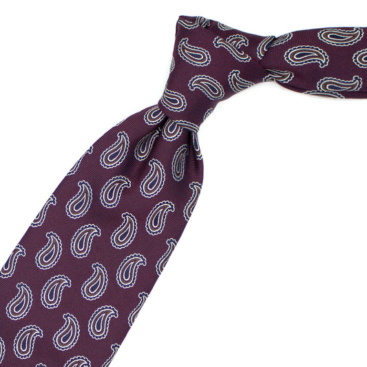 Burgundy tie with blue and brown paisleys