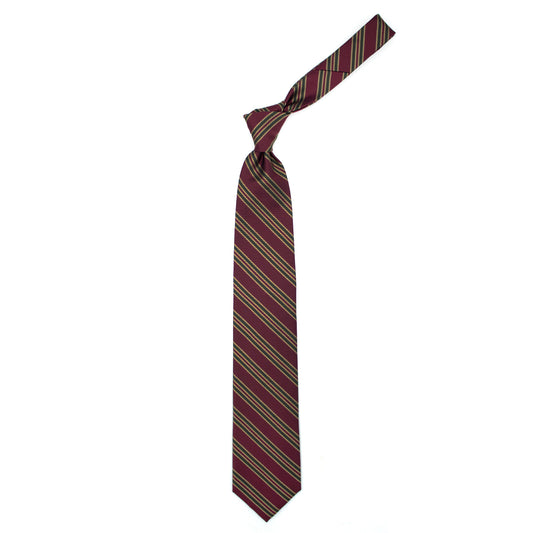Tie with burgundy, green and golden yellow stripes