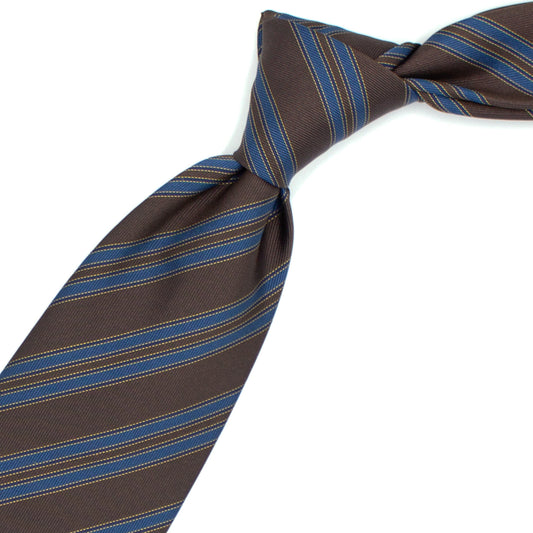 Brown tie with petrol blue stripes