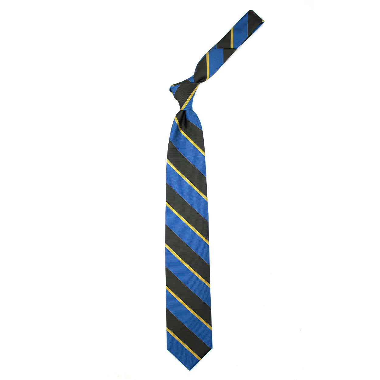 Blue, gold and dark grey striped tie