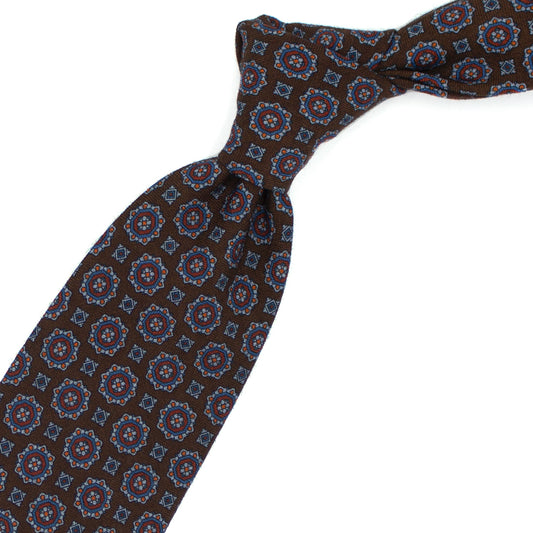 Bordeaux tie with red, blue and orange medallions