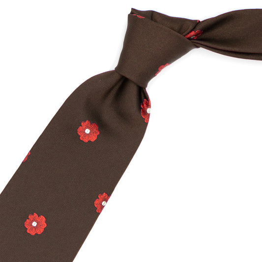 Brown tie with red and white flowers
