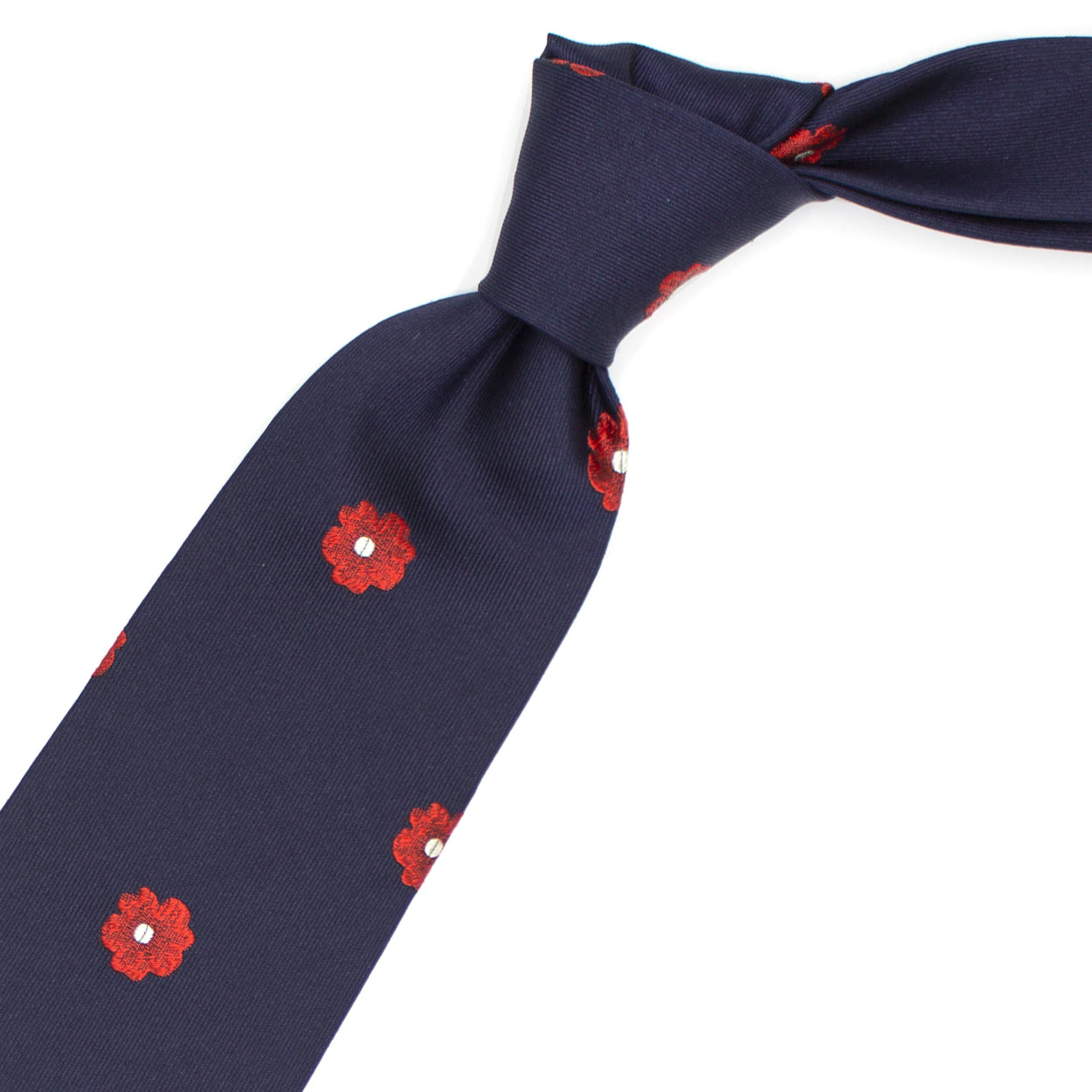 Blue tie with red and white flowers