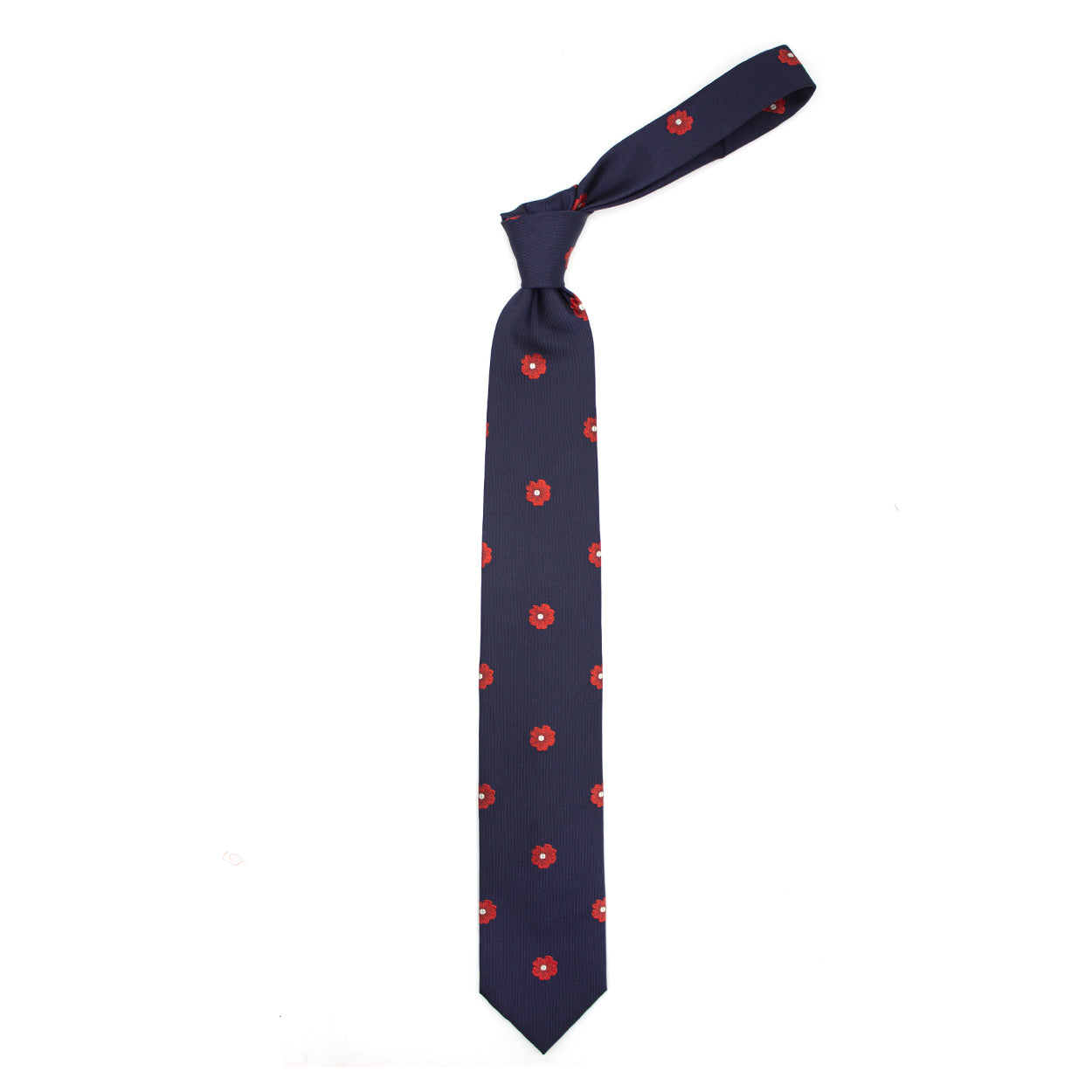 Blue tie with red and white flowers