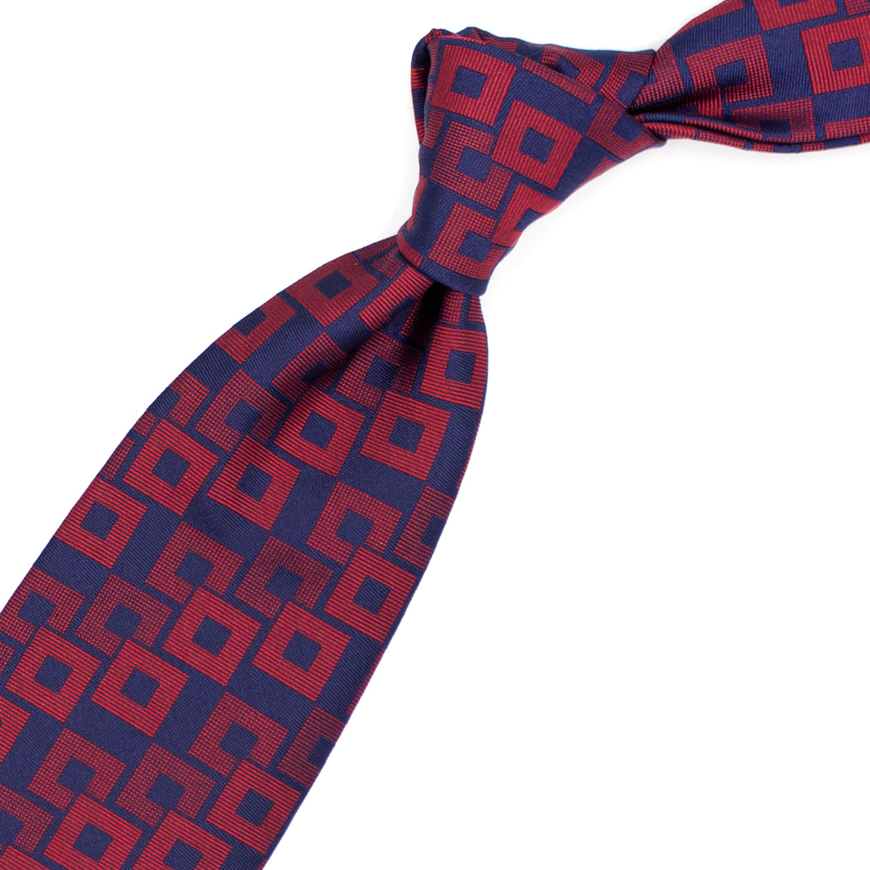 Blue tie with red geometric pattern