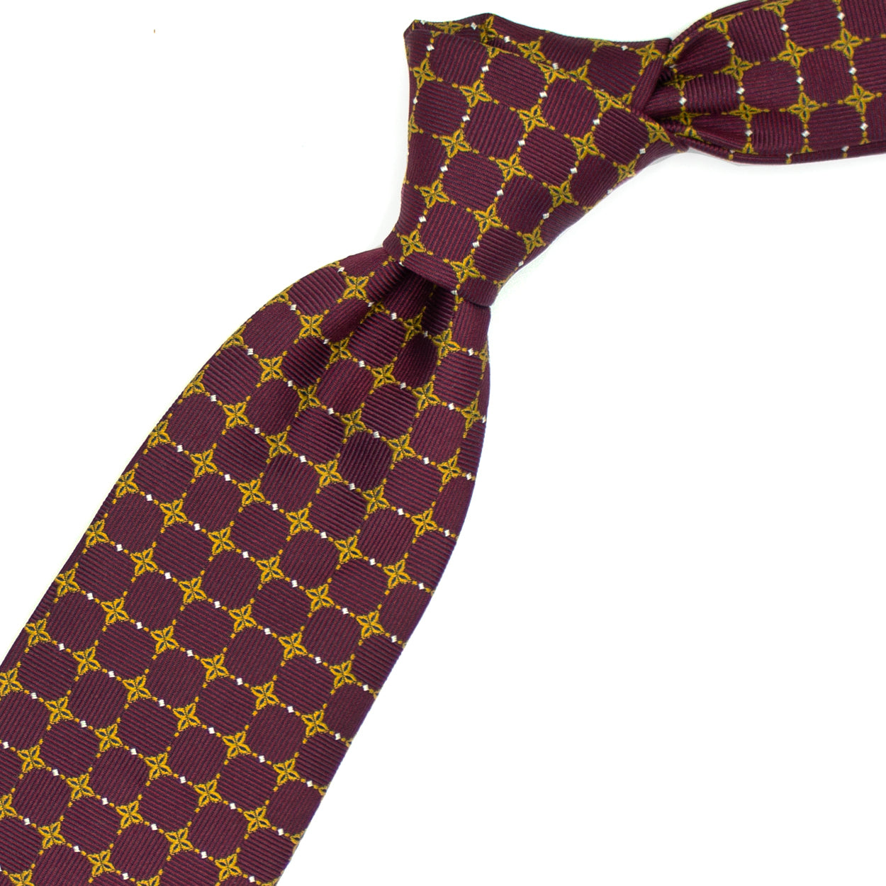 Bordeaux tie with yellow flowers and white squares