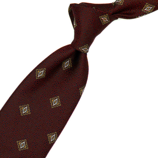 Bordeaux tie with gold and white geometric pattern