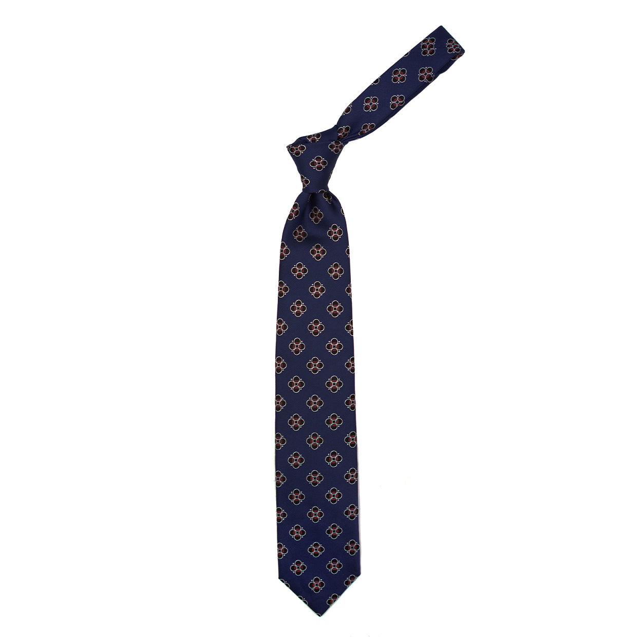 Blue tie with black, white and burgundy pattern