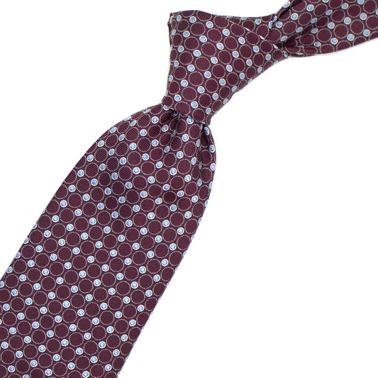 Bordeaux tie with grey circles and blue dots