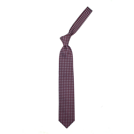 Bordeaux tie with grey circles and blue dots