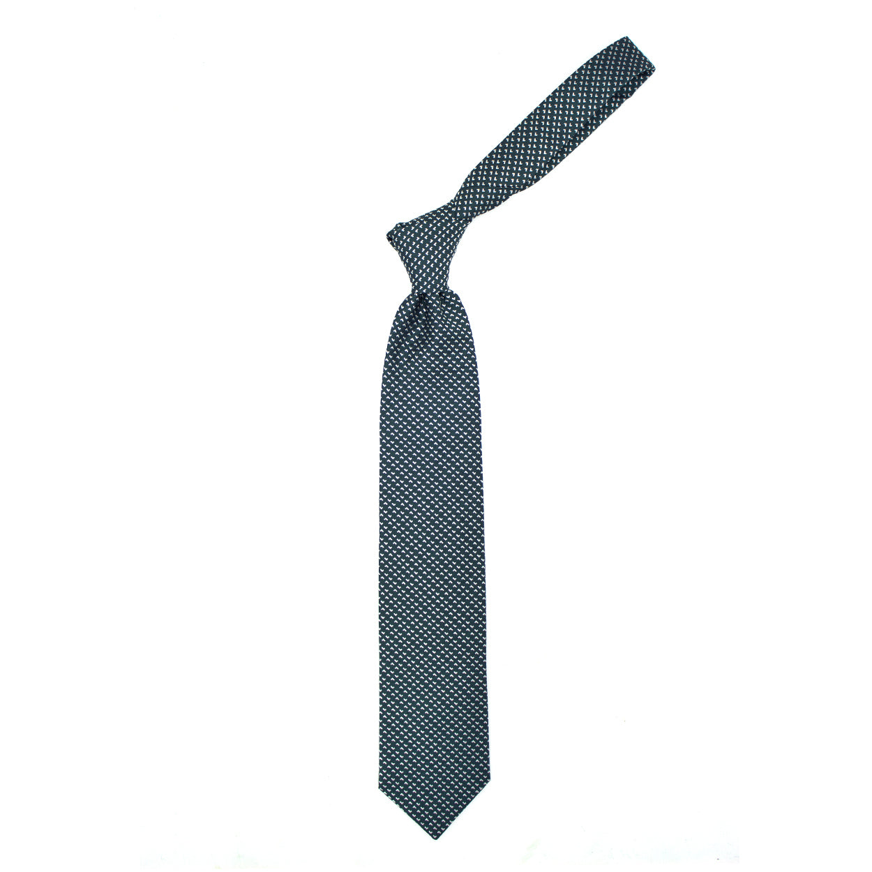 Green tie with white geometric pattern