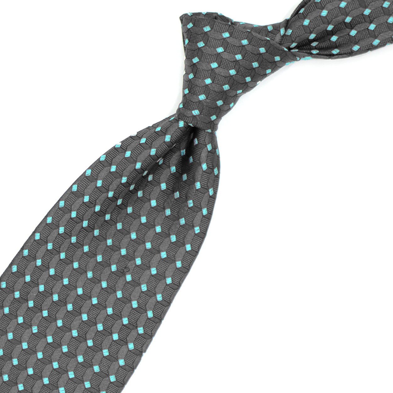 Grey tie with tone-on-tone geometric pattern and light blue squares