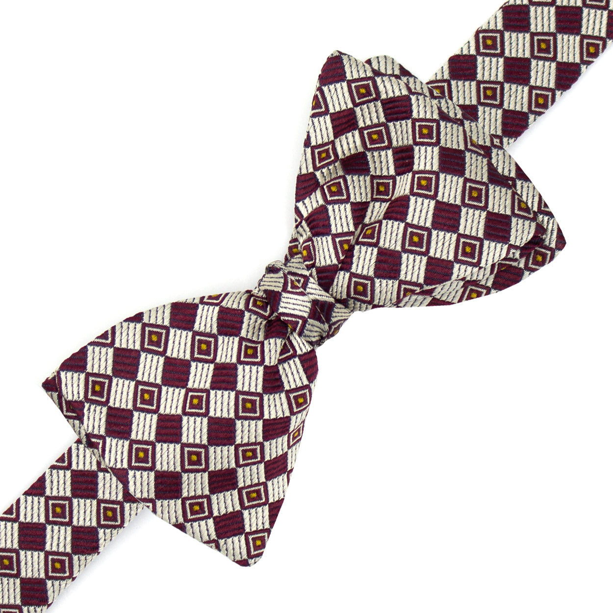 Papillon with burgundy and cream geometric pattern