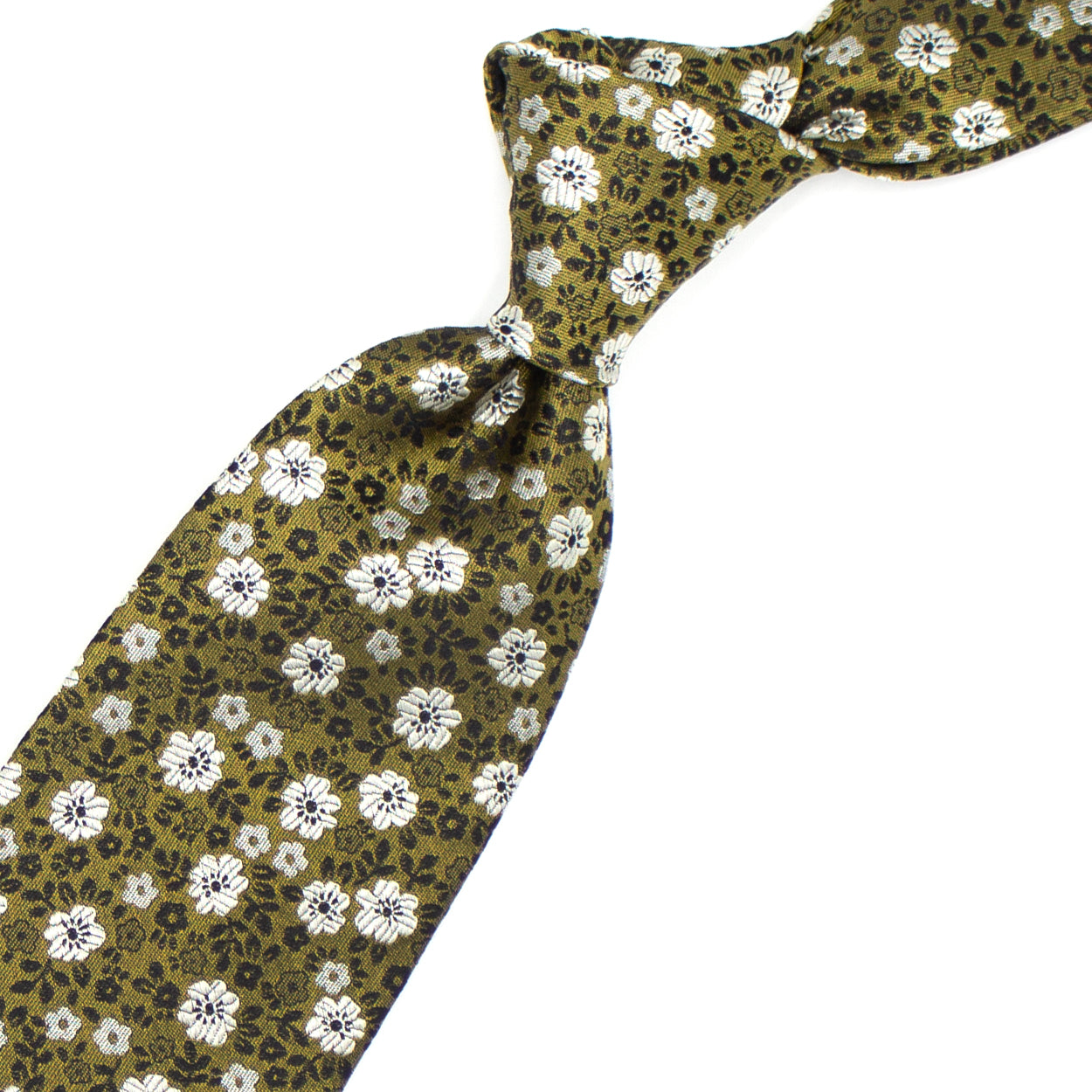 Green tie with white and brown flowers