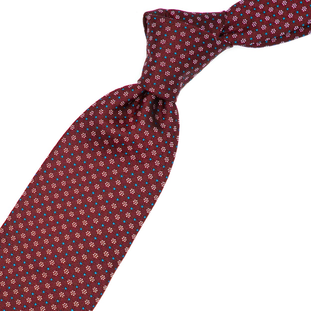 Red tie with white flowers and blue dots