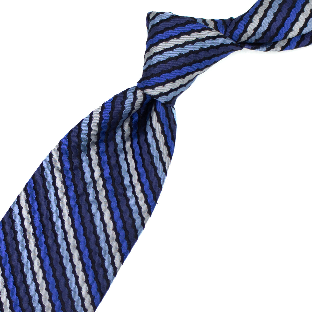 Blue tie with blue, blue, blueette and grey stripes