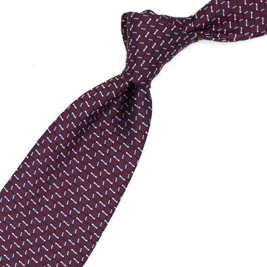 Bordeaux tie with blue and white geometric pattern