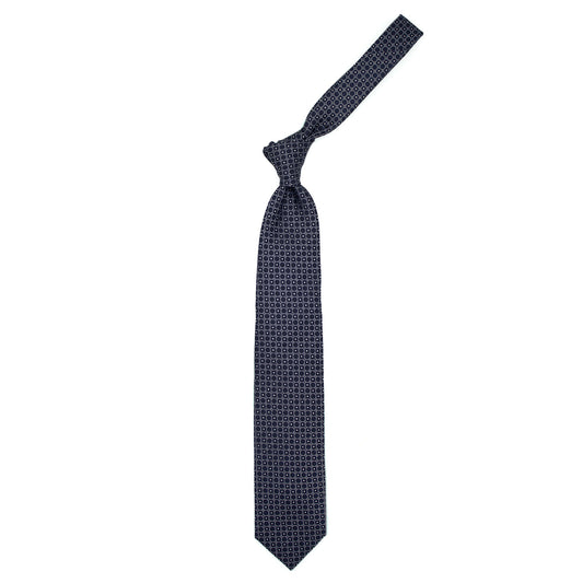 Blue tie with grey circles and white dots