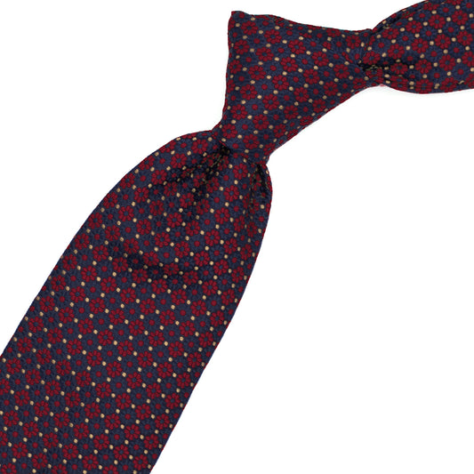 Blue tie with red flowers and gold dots