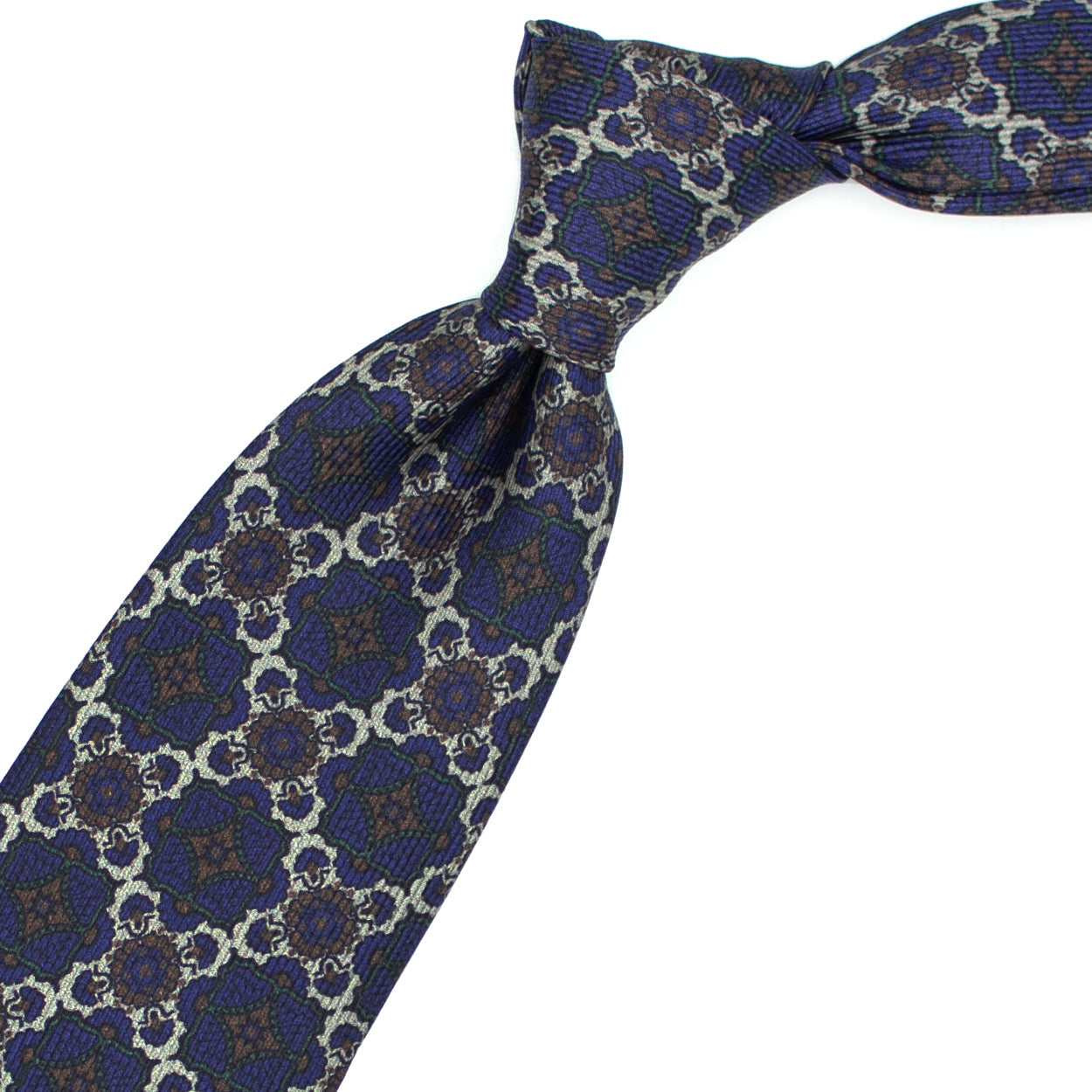 Blue tie with cream and brown medallions