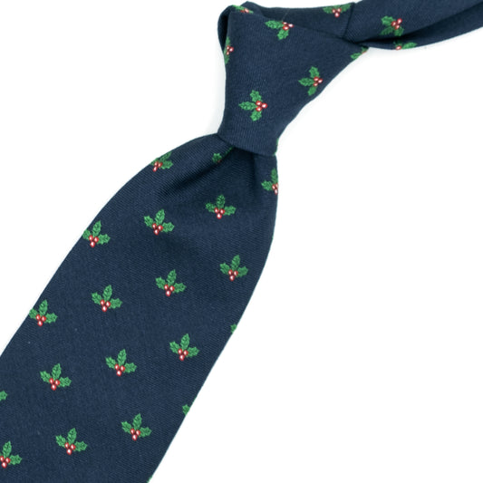 Blue tie with Christmas mistletoe pattern