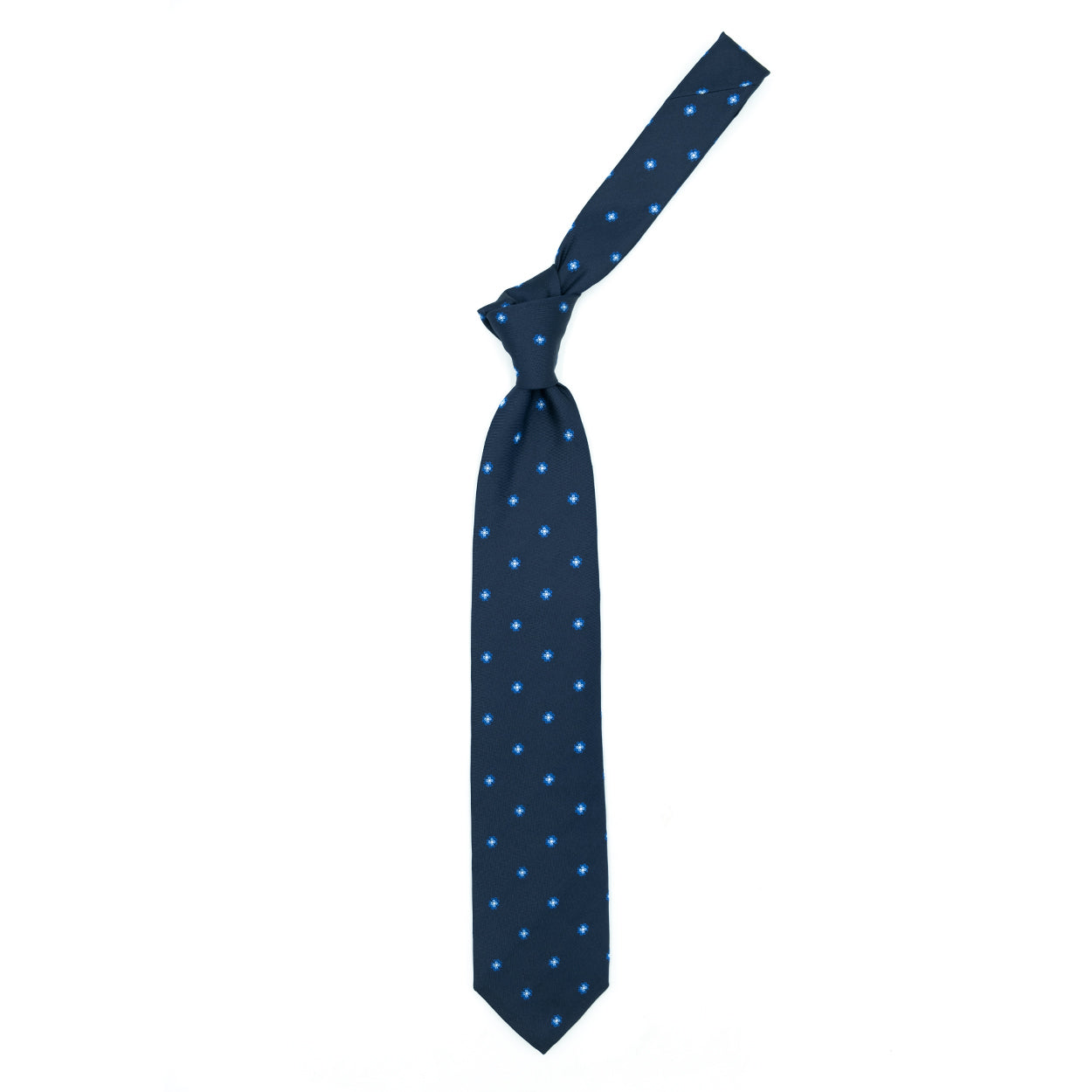 Blue tie with blue and bluette flowers and white dots