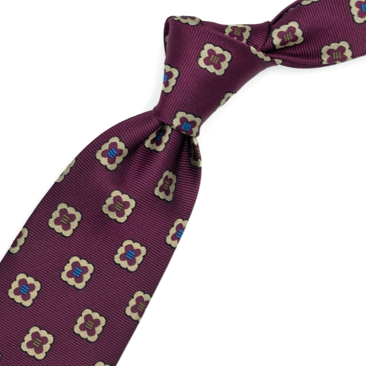 Burgundy tie with gold flowers and blue squares