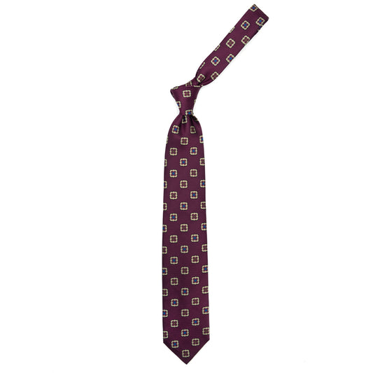Burgundy tie with gold flowers and blue squares
