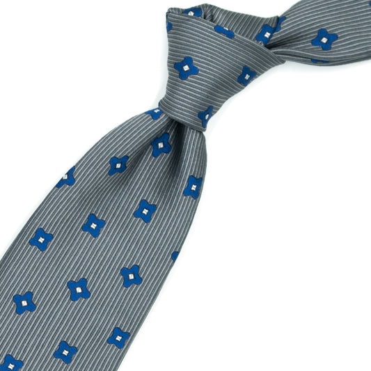 Grey tie with bluette flowers and grey squares