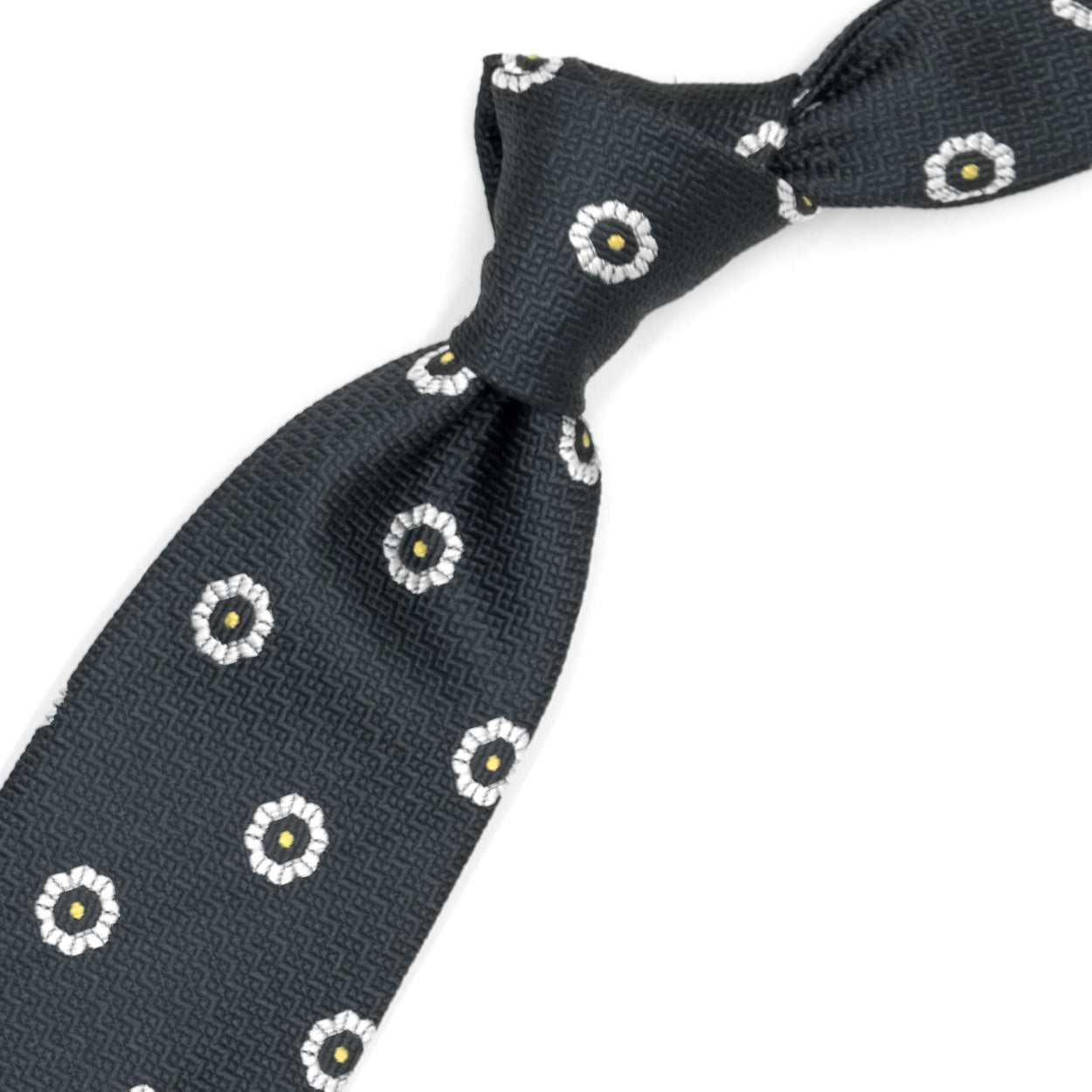 Grey tie with white flowers and yellow dots