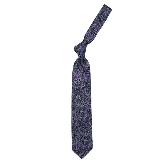 Blue tie with paisley and purple and grey flowers