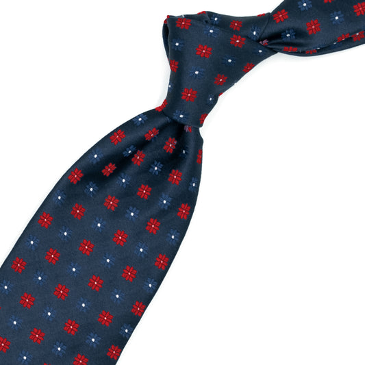 Blue tie with red and tone-on-tone flowers