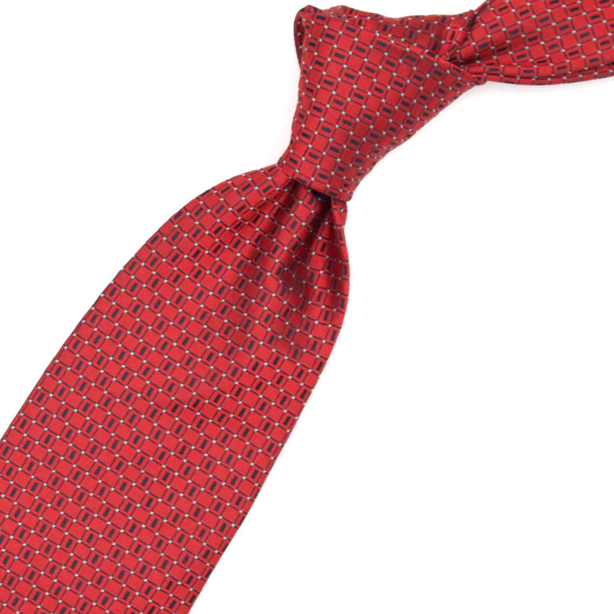 Red tie with black pattern and white dots