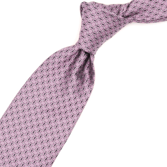 Pink tie with blue pattern and white dots