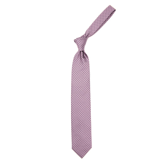 Pink tie with blue pattern and white dots