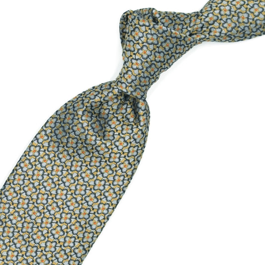 Yellow tie with grey flowers and orange dots