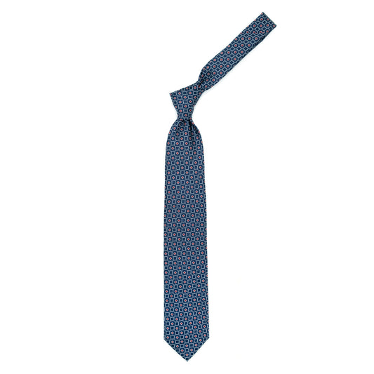 Blue tie with red and white pattern