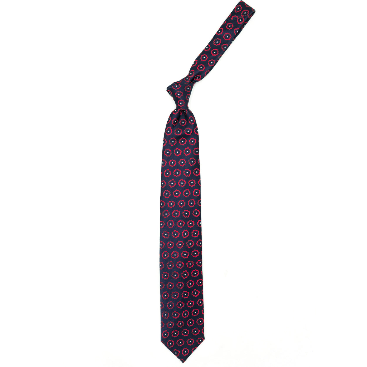 Blue tie with red flowers and white dots
