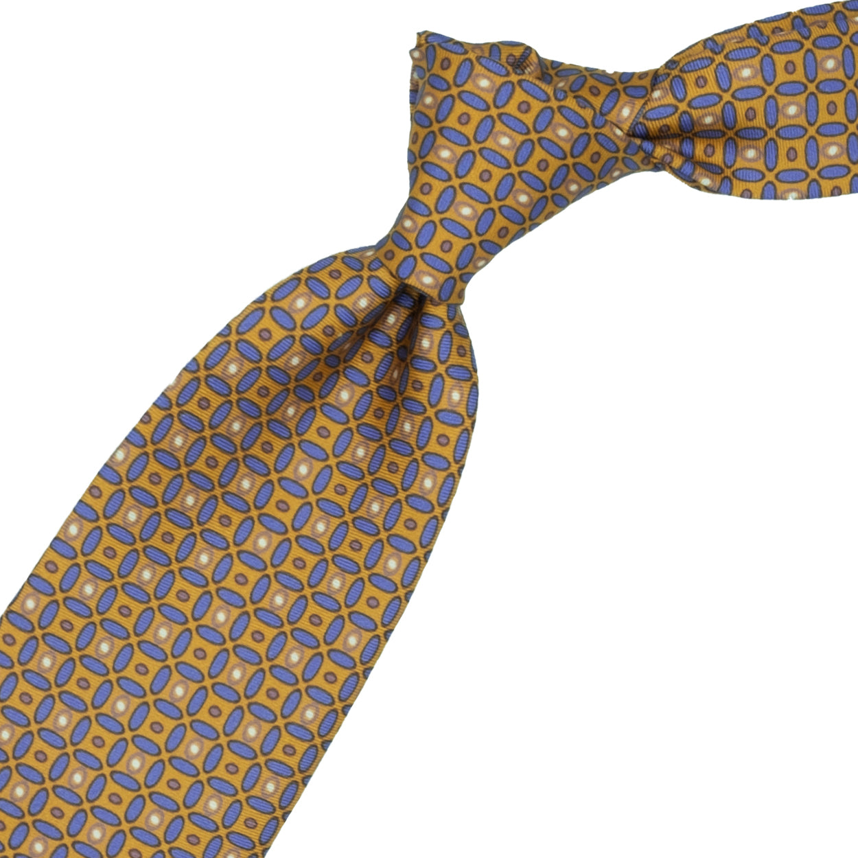 Yellow tie with lilac geometric pattern