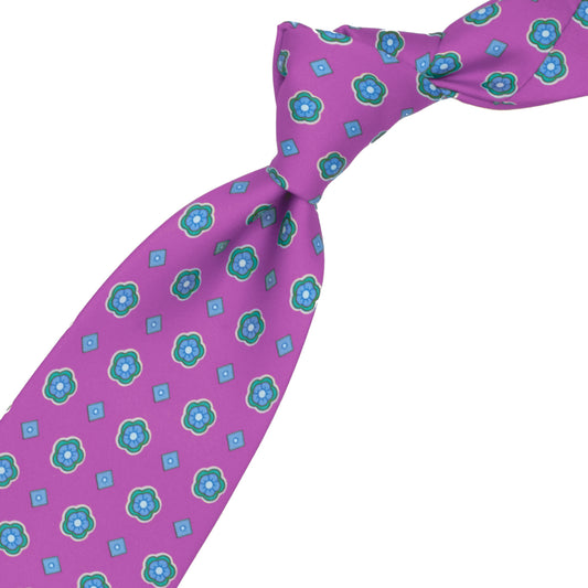Fuchsia tie with lilac and teal flowers and lilac squares