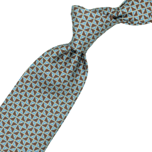 Tie with brown and blue geometric pattern