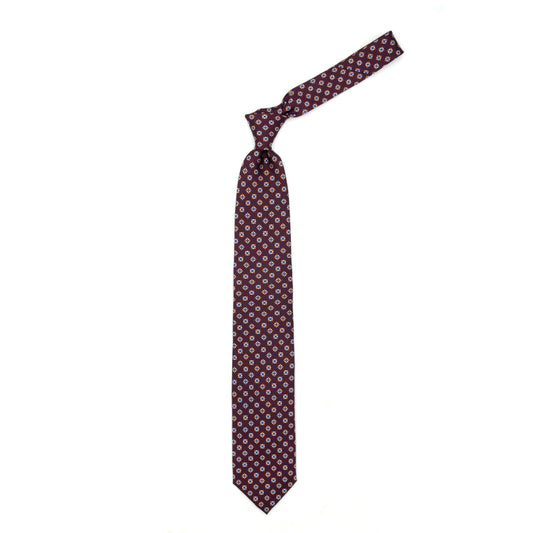 Bordeaux tie with blue, orange and white pattern
