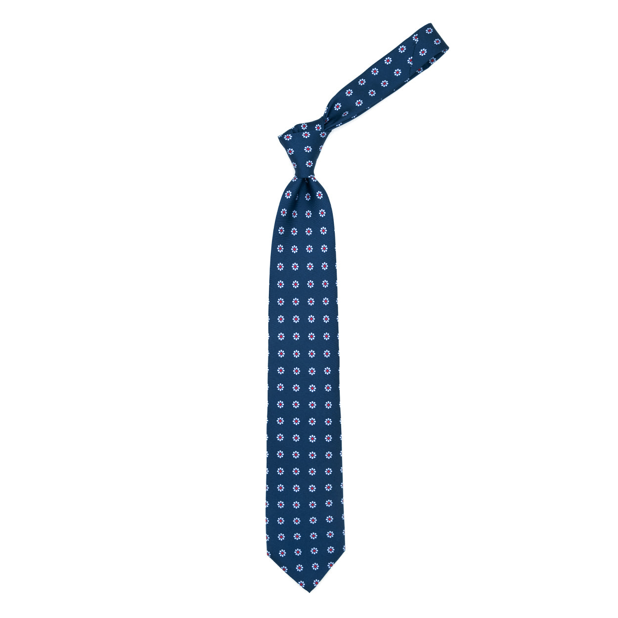 Blue tie with white flowers and red dots