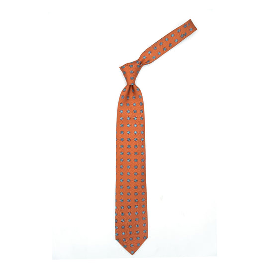 Orange tie with white flowers and teal dots